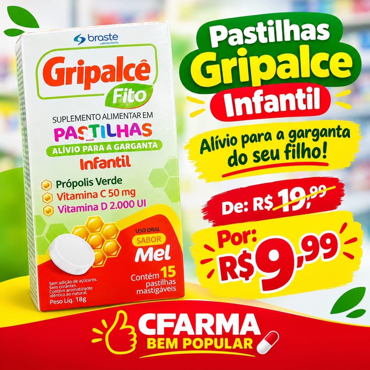 Promoção: Pastilhas Gripalcê Infantil — de R$ 19,99 por R$ 9,99